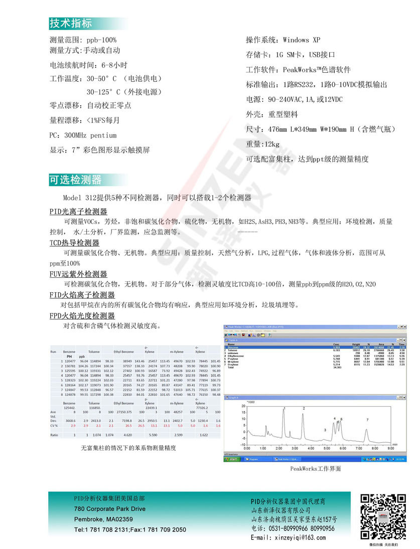 美國PID公司Model 312便攜式色譜分析儀技術參數表